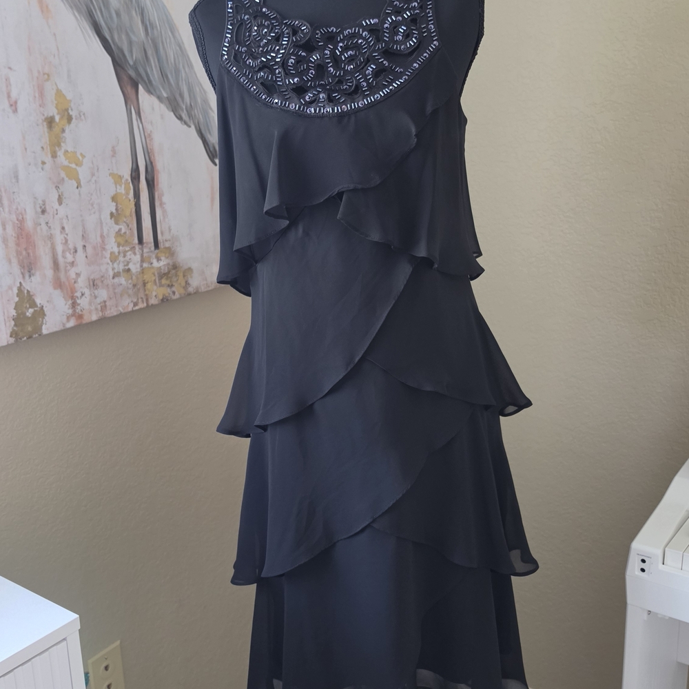 SLNY Black Tiered Beaded Midi Dress